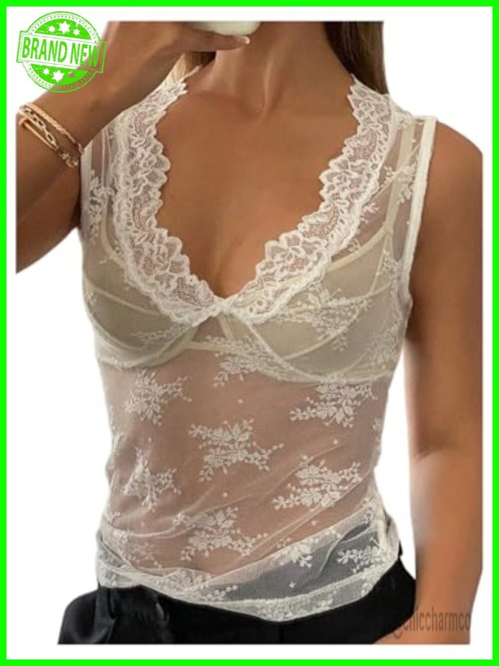 Women's Lace Sheer Tank Top Deep V Neck Sleeveless Night Out Shirt